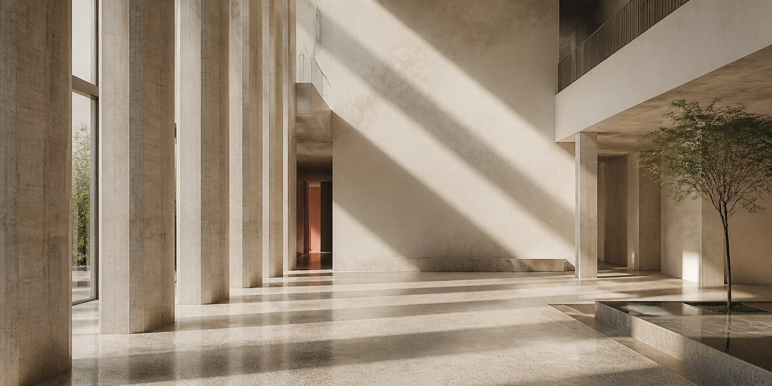 A daylit atrium with a repeating rhythm of columns.
