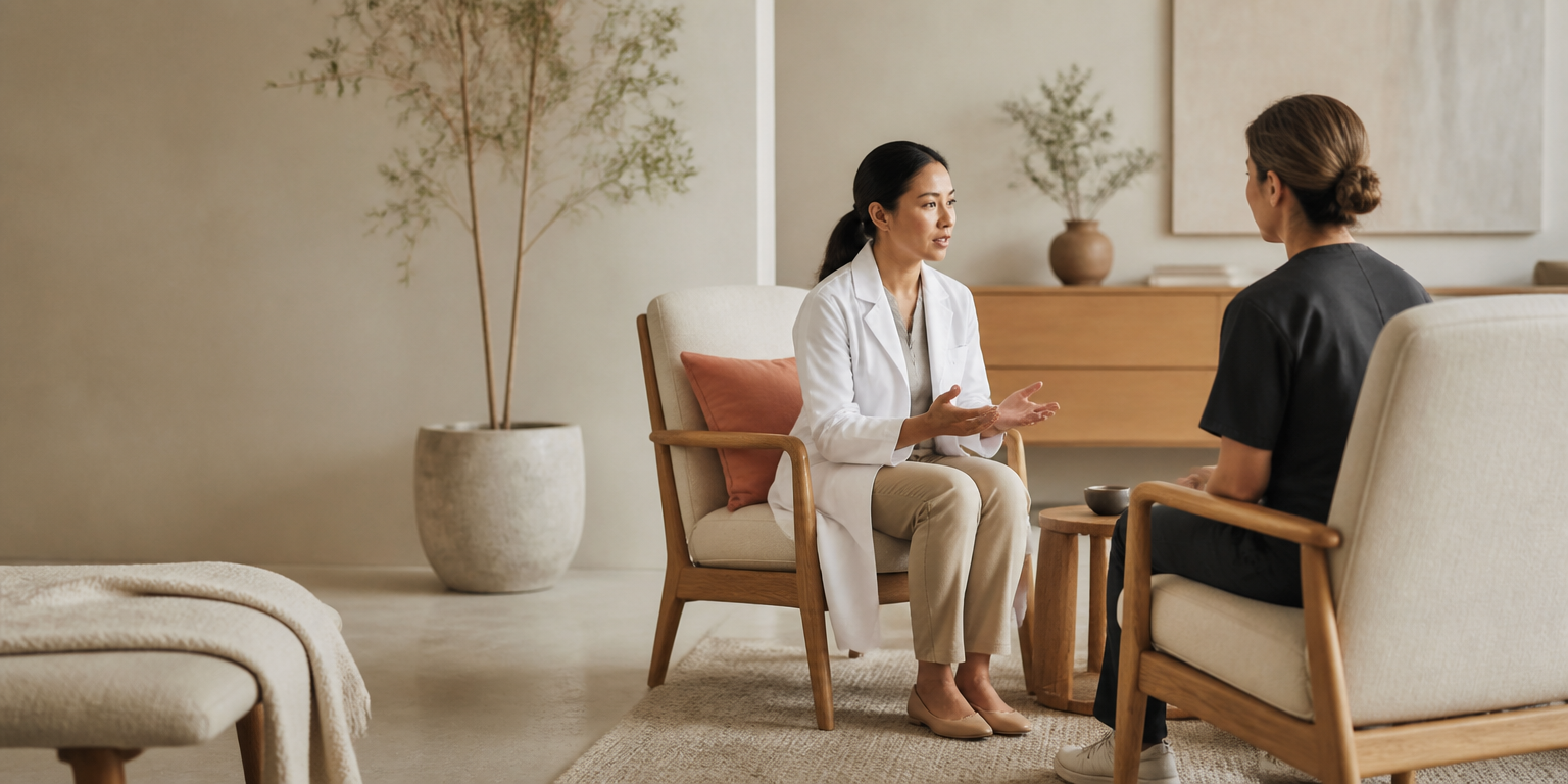 Two clinicians in conversation in a consulting room.