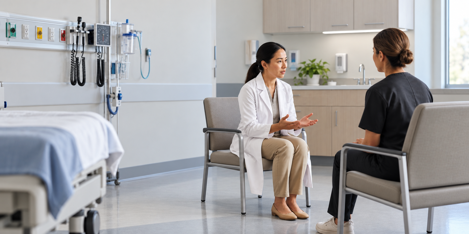 Two clinicians in conversation in a consulting room.