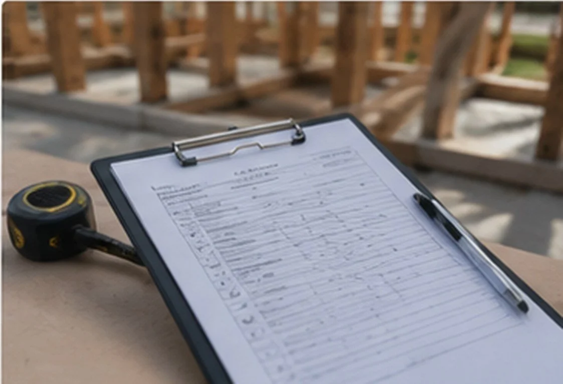 Fiche de contrôle sur porte-bloc et mètre ruban posés sur un chantier