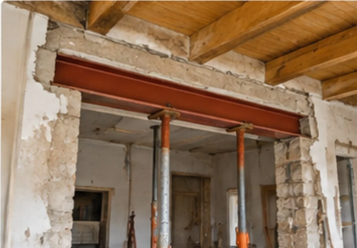 Linteau métallique posé sur étais après ouverture d’un mur porteur en rénovation