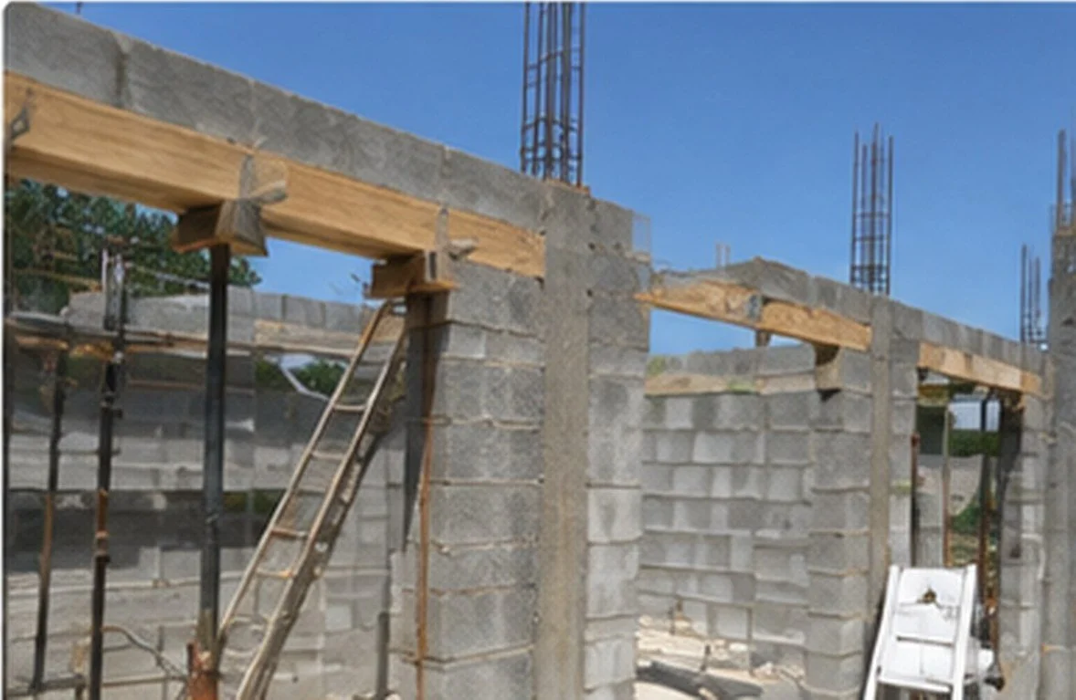 Chantier de gros œuvre en parpaings avec linteaux et étais en cours de suivi