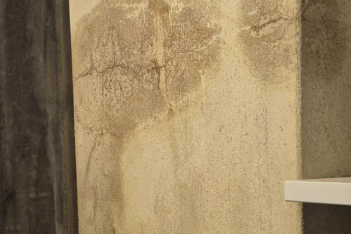 Auréoles d’humidité et traces d’infiltration sur un mur en béton brut