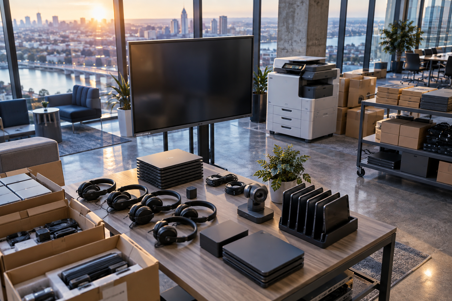 Displays, printer, headsets, tablets, and accessories staged for a workplace rollout