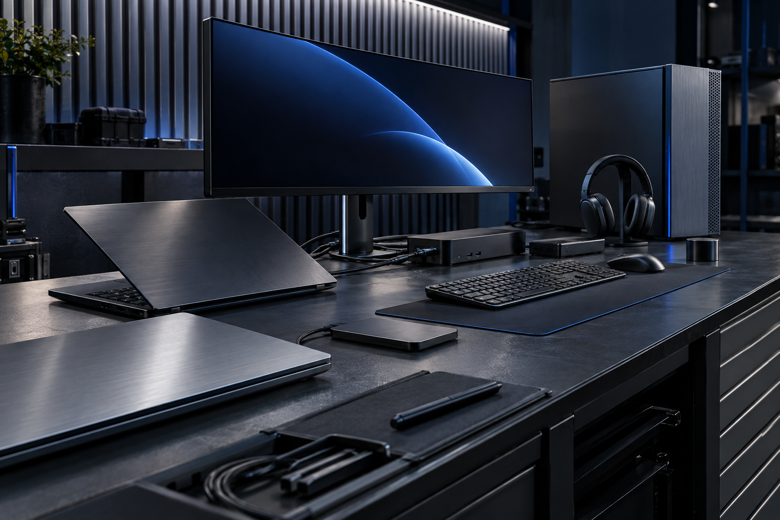 Business laptops, monitor, dock, and peripherals arranged on a deployment bench
