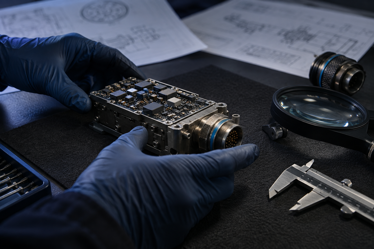 Gloved specialist inspecting a specialized electronic component against technical diagrams