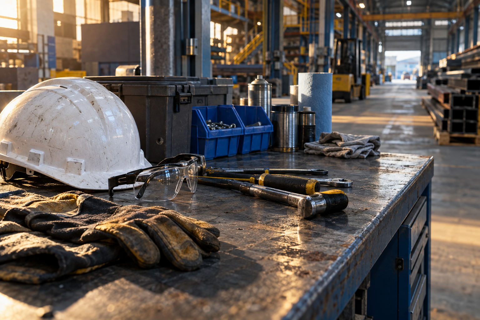 Safety helmet, eyewear, gloves, and maintenance tools on an industrial workbench