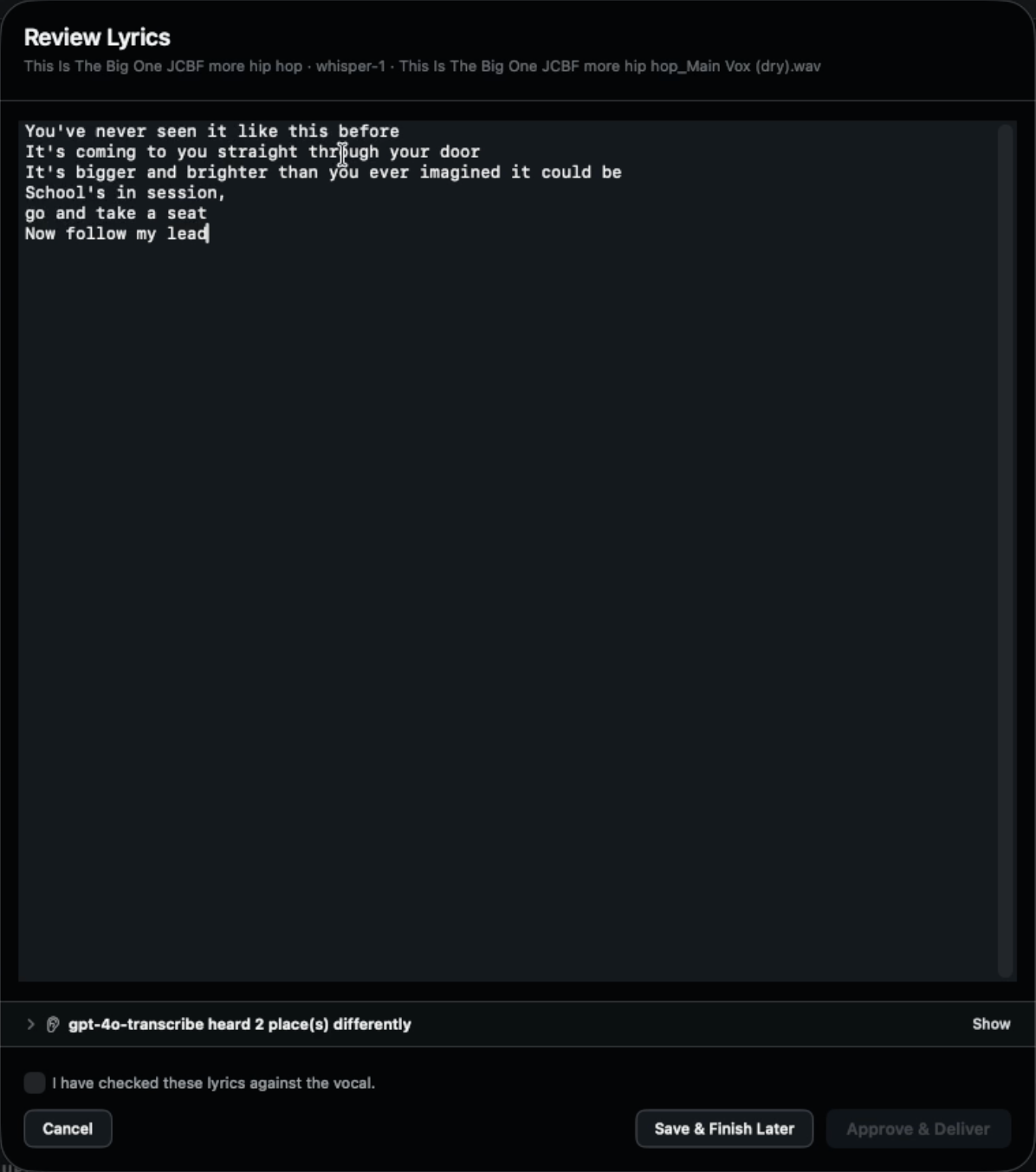 Actual QuickStem lyric review window