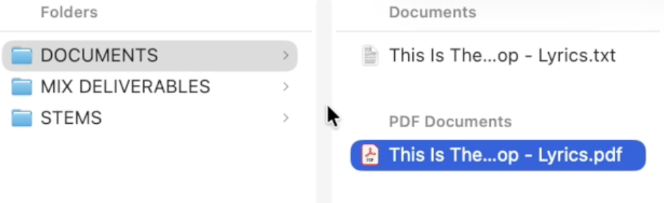 Actual delivery folders: STEMS, MIX DELIVERABLES and DOCUMENTS