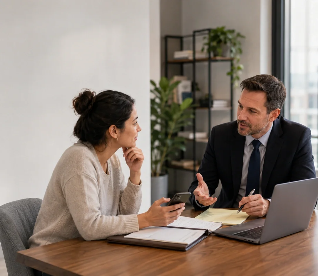 Attorney meeting with prospective clients during a legal consultation