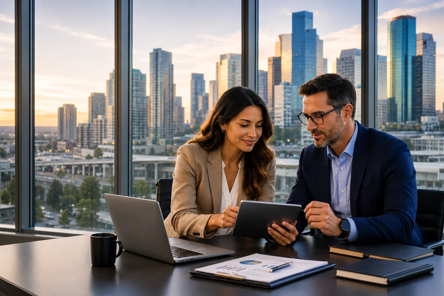 Financial services professionals collaborating in a modern office