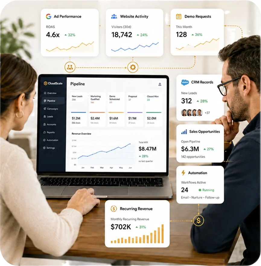 B2B SaaS marketing dashboard showing advertising performance, website activity, demo requests, CRM records, sales opportunities, automation, pipeline, and recurring revenue
