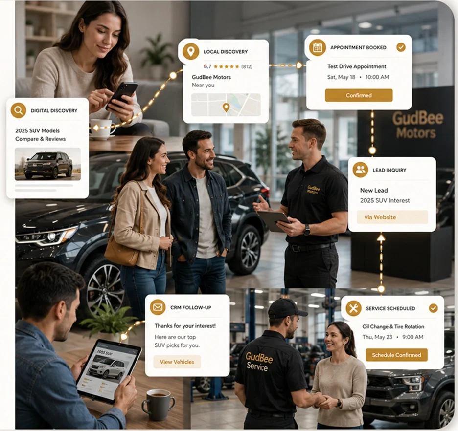 Automotive customers researching vehicles, speaking with dealership staff, booking an appointment, and scheduling vehicle service