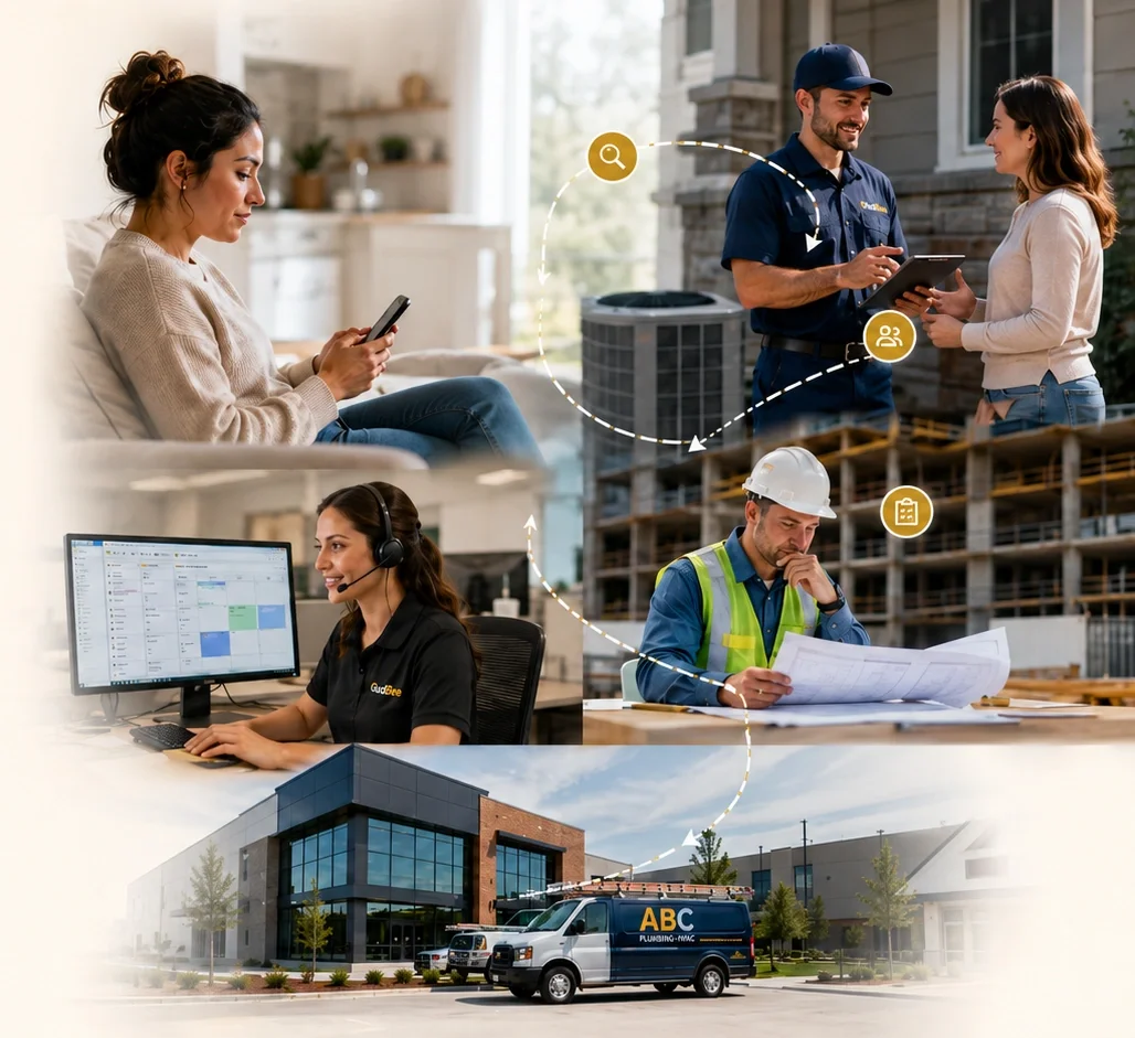 Plumbing, HVAC, and construction professionals connected to customer calls, appointments, estimates, and project opportunities