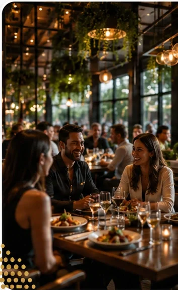 Guests dining inside a busy modern restaurant
