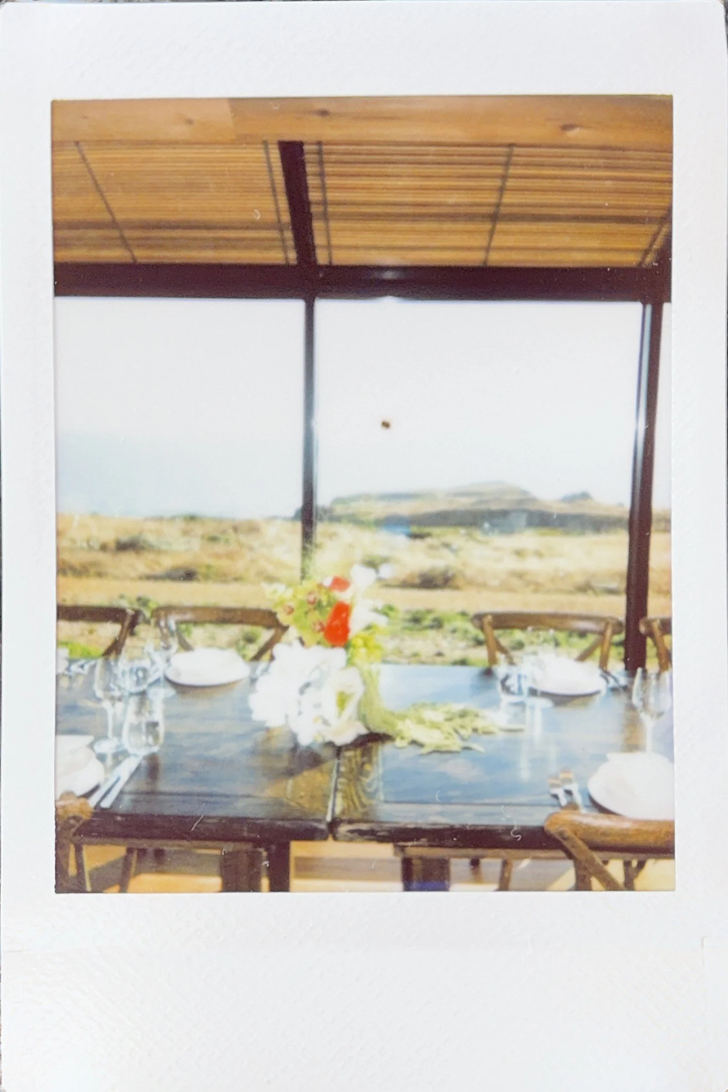Instant photo of the bouquet on the reception table overlooking the coast