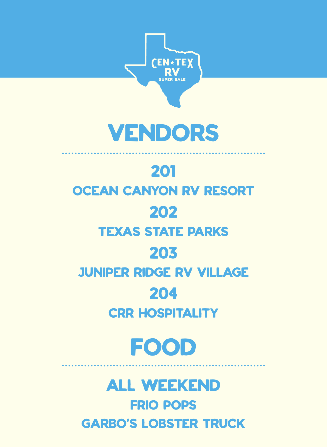 Vendor list and food trucks — Ocean Canyon RV Resort, Texas State Parks, Juniper Ridge RV Village, CRR Hospitality, Frios Pops, Garbo's Lobster Truck