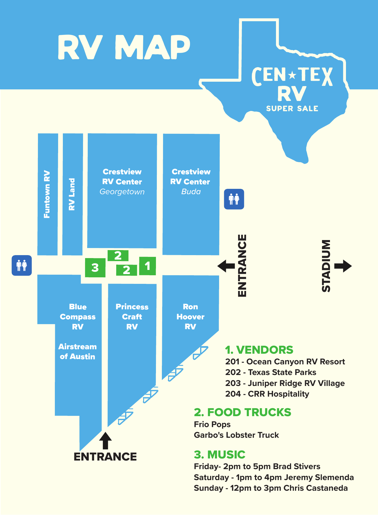 Central Texas RV Super Sale show map — dealer locations, vendors, food trucks, and music stage