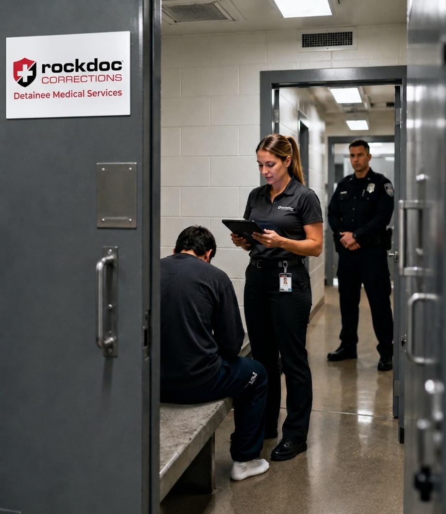 Rockdoc nurse conducting a medical assessment at a cell side in a detention facility