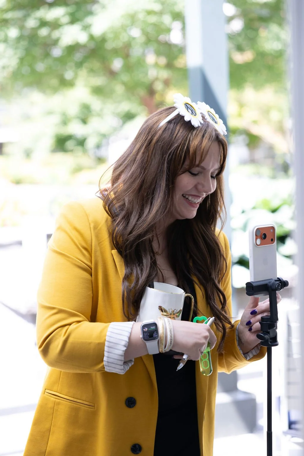 On-camera in the mustard blazer — what your brand can look like
