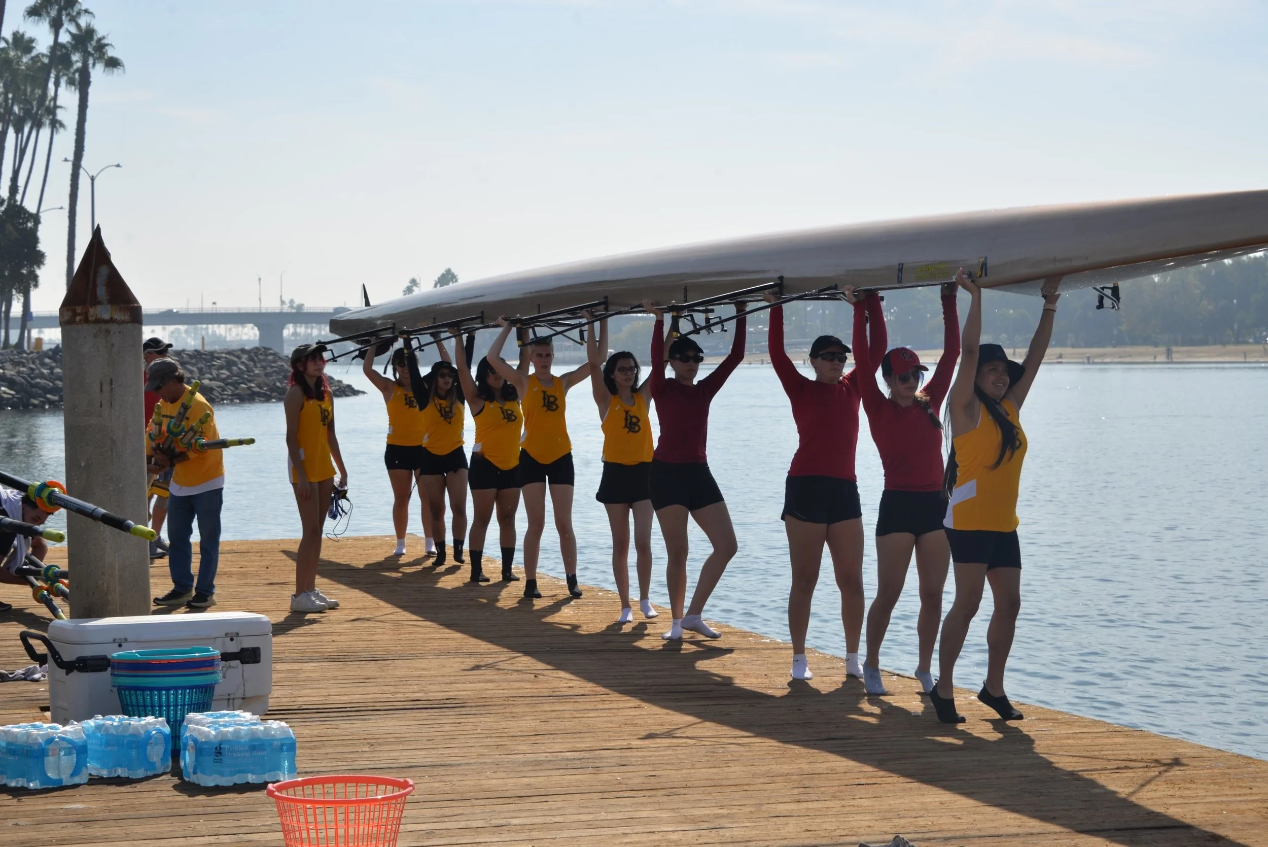 The Long Beach Women’s Crew and San Diego State Women’s Crew working together. 