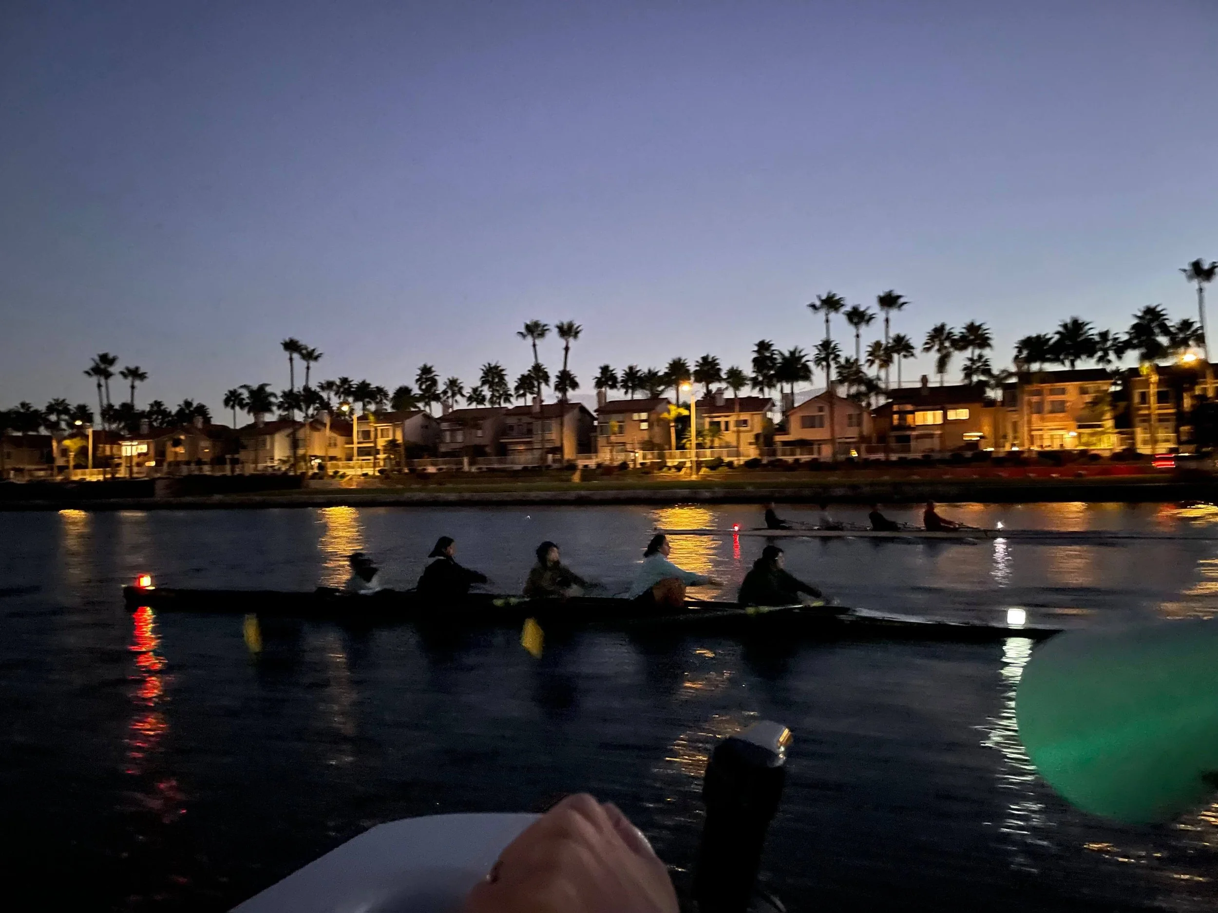 CSULB Women's Crew and the Master's Women's Crew practicing together.