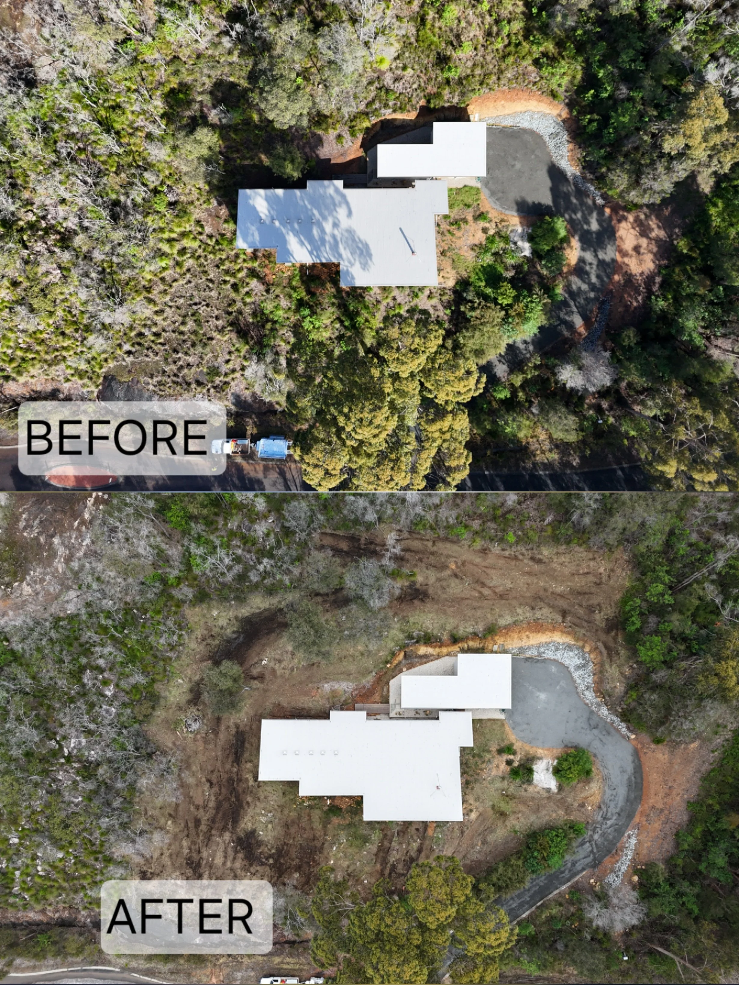 ARC11 before and after aerial — dense bushland cleared to defensible space, Great Southern WA