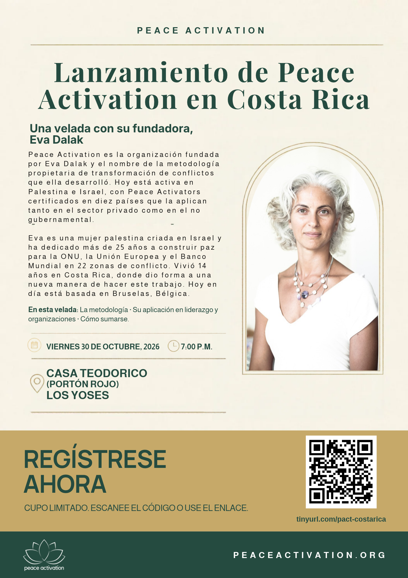 Flyer (in Spanish): Lanzamiento de Peace Activation en Costa Rica, una velada con su fundadora Eva Dalak, viernes 30 de octubre de 2026, 7:00 p.m., Casa Teodorico, Los Yoses