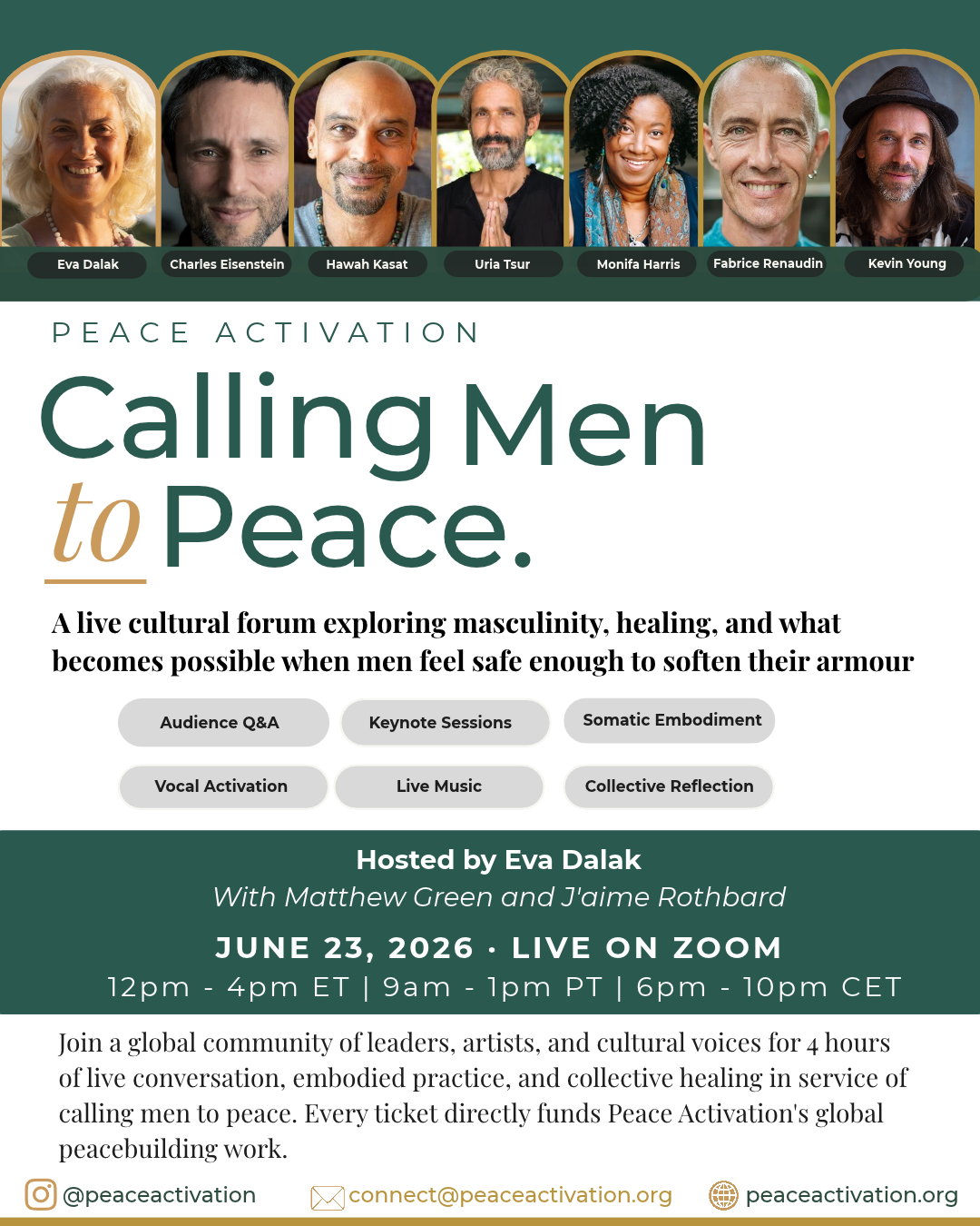 Calling Men to Peace flyer: a live cultural forum on Zoom, 23 June 2026, hosted by Eva Dalak