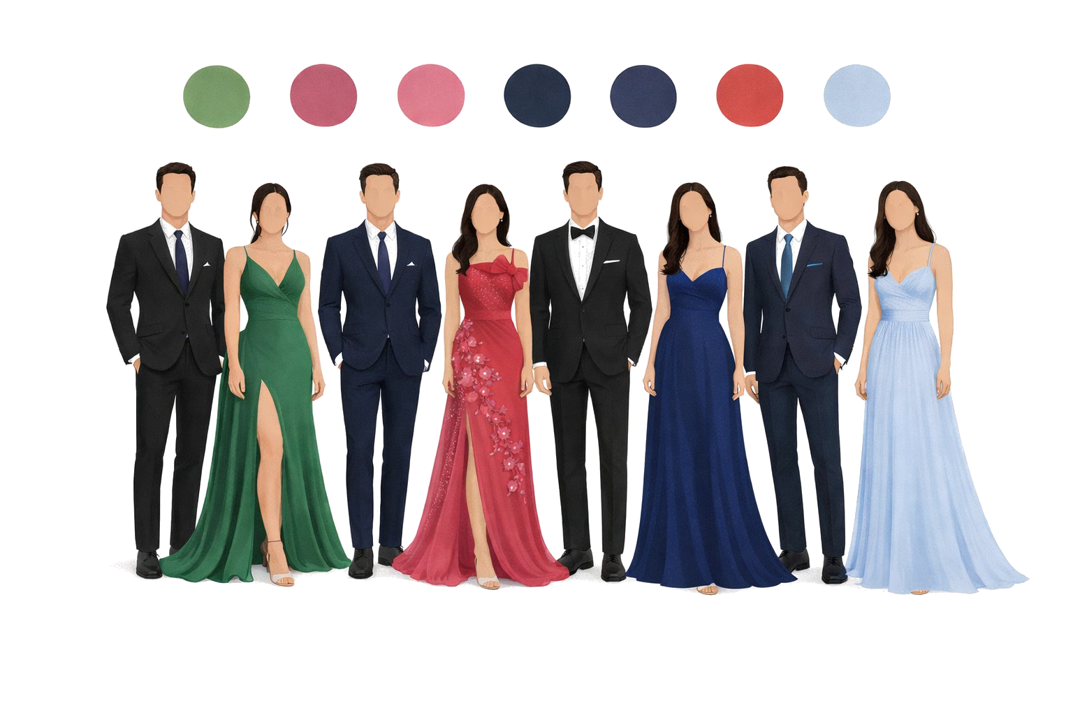 Formal attire inspiration showing gowns and suits in jewel tones
