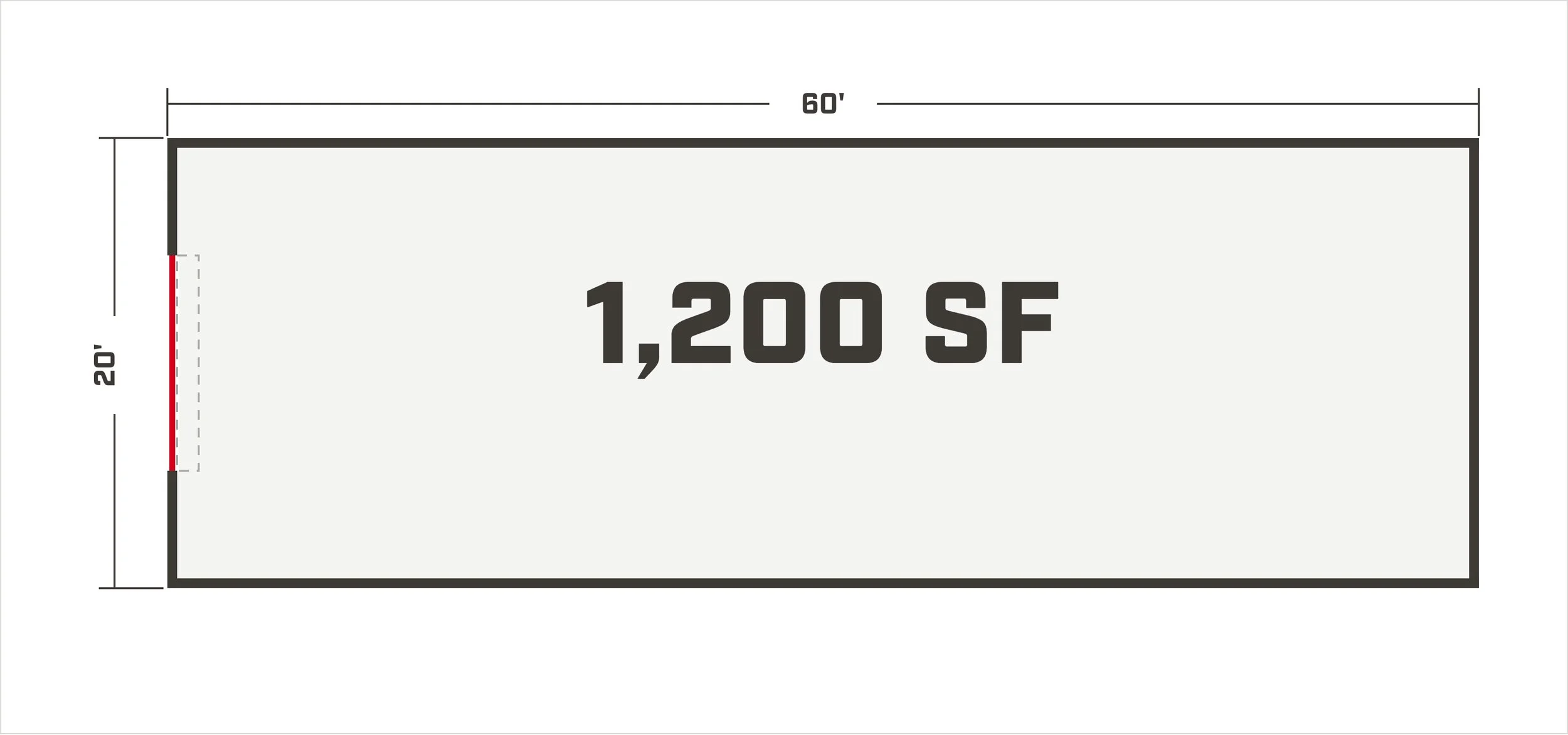 1,200 sq ft bay floor plan — 20 ft by 60 ft with 10 ft by 12 ft overhead door
