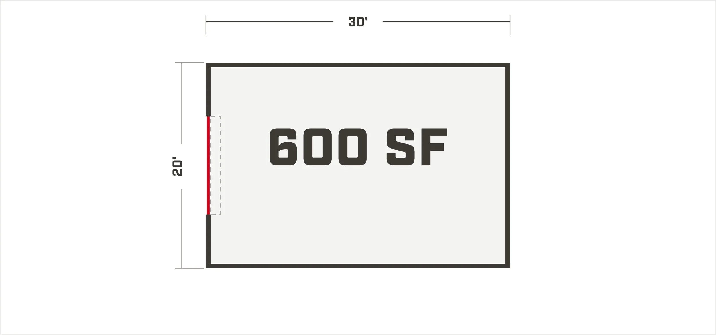 600 sq ft bay floor plan — 20 ft by 30 ft with 10 ft by 12 ft overhead door