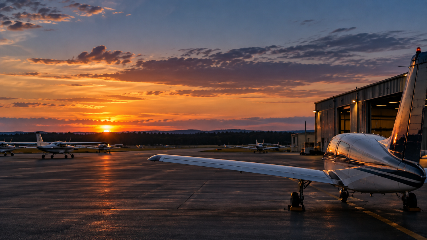 A light aircraft tied down on a quiet ramp at sunset, with parked aircraft and hangars in the background