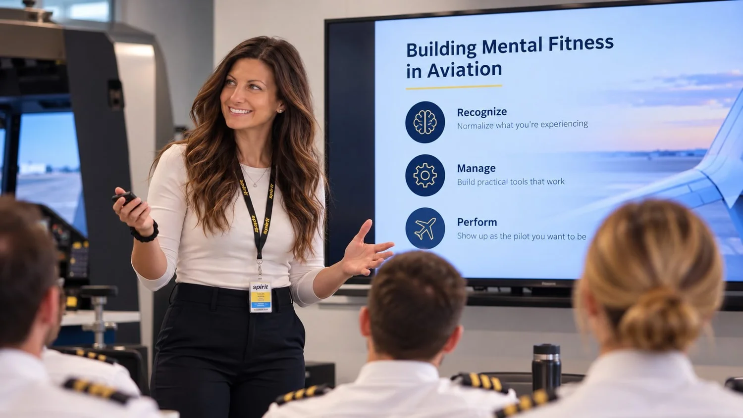 Shannon presents Building Mental Fitness in Aviation to a room of airline pilots, with a flight simulator behind her.