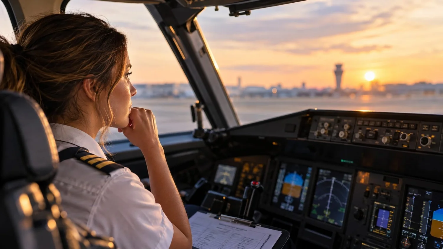 A pilot reviews her clipboard in an airliner flight deck at sunset, with the control tower beyond the runway.