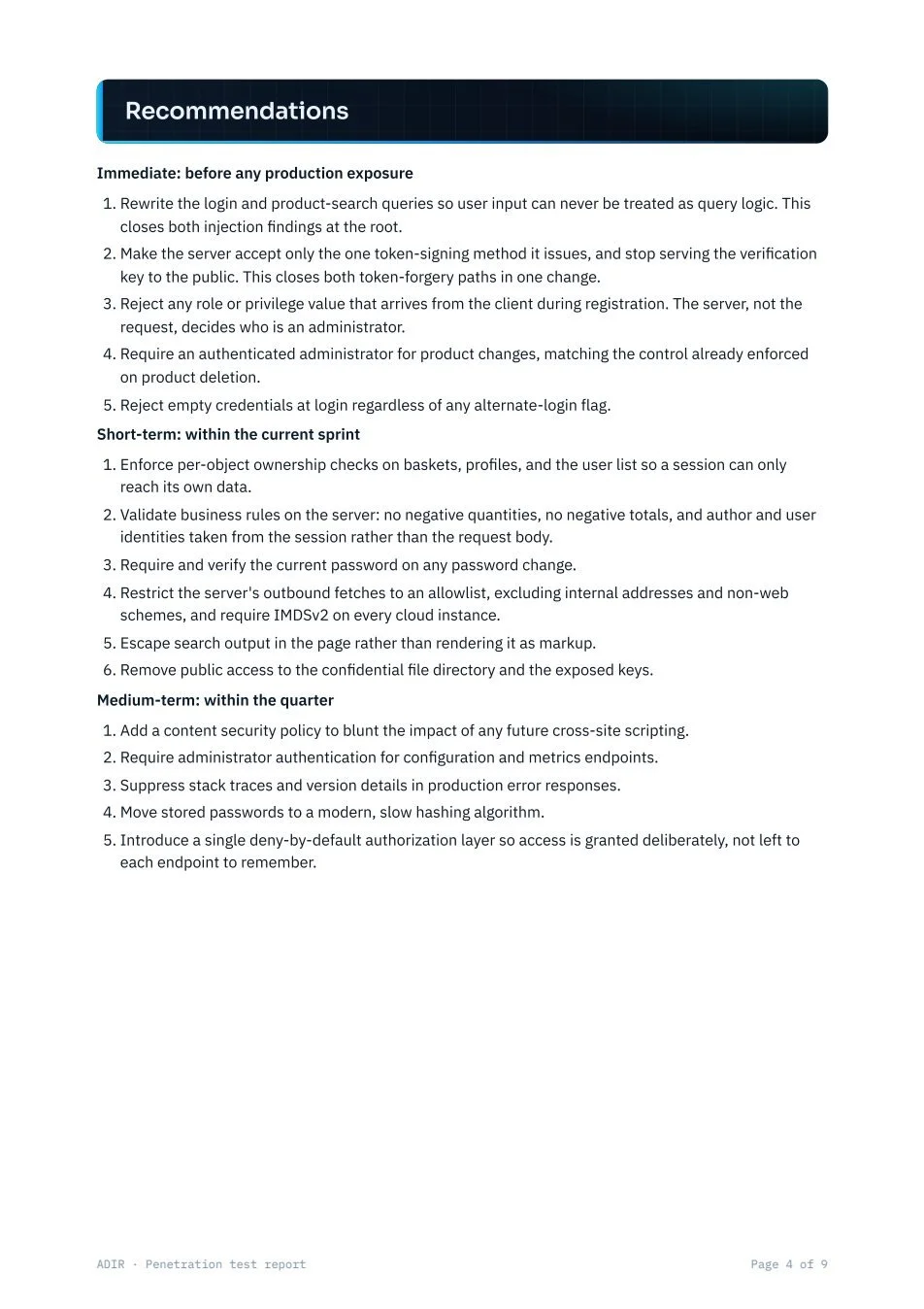 Sample report page 4: Recommendations