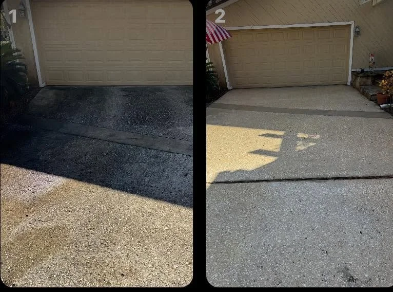 Before and after garage apron pressure washing
