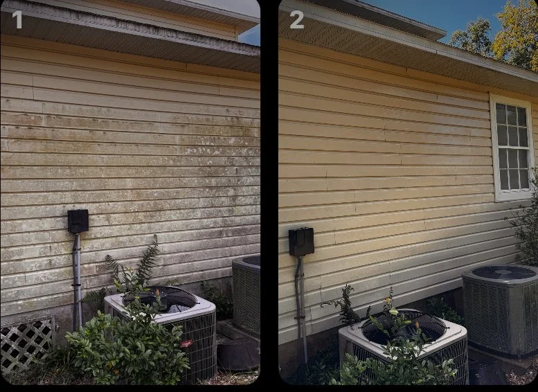 Before and after exterior wall cleaning