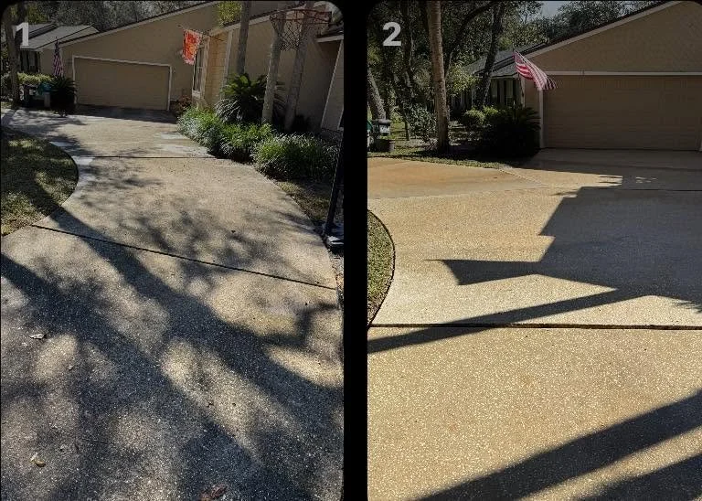 Before and after driveway pressure washing result