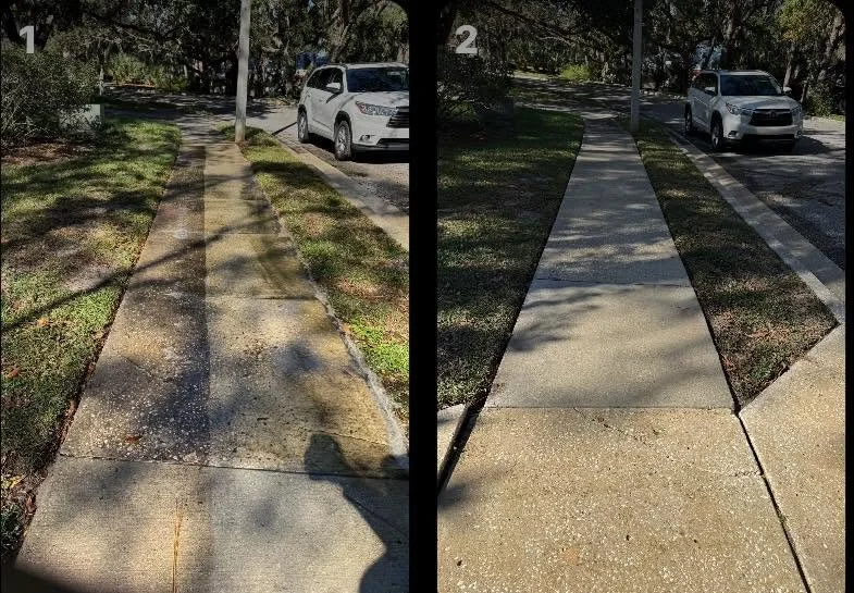 Before and after long sidewalk pressure washing