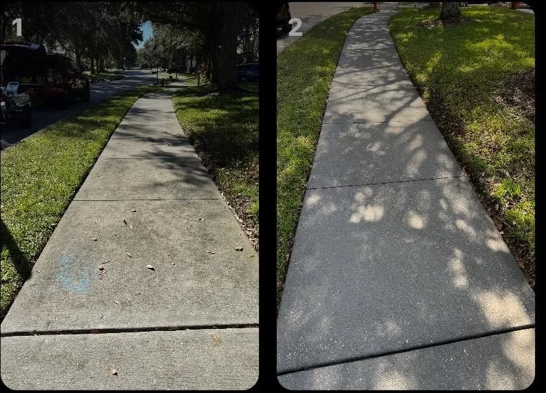 Before and after curved sidewalk cleaning