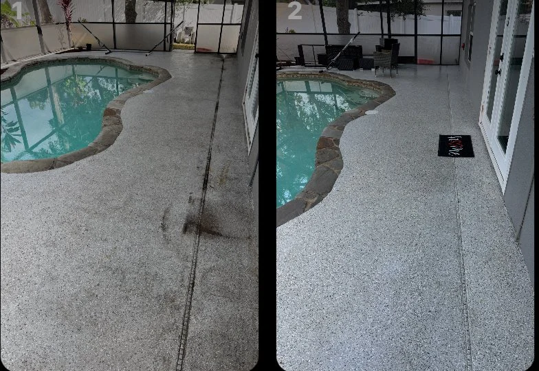 Before and after pool deck edge cleaning