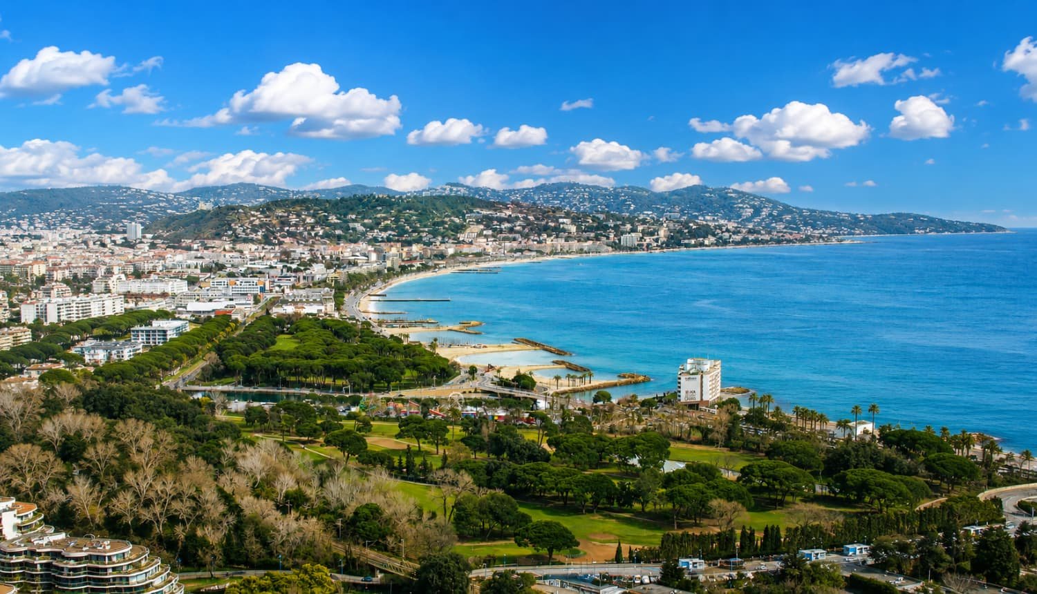 Pine-covered coastline of Cap d'Antibes overlooking the Mediterranean at golden hour