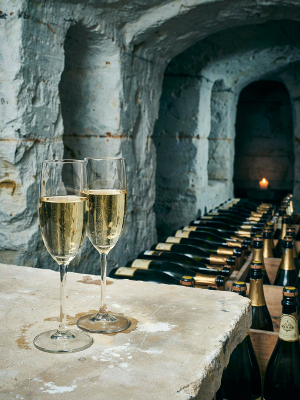 Two glasses of champagne on a stone table inside a chalk cellar in Reims