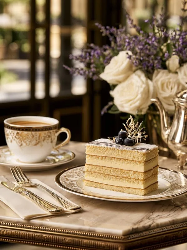 A lemon delizia dessert and espresso on a marble cafe table in soft window light