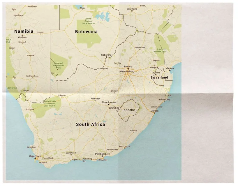 Kaart van Zuid-Afrika met onze route van Kaapstad via de Garden Route naar Port Elizabeth, een binnenlandse vlucht naar Johannesburg en daarna de Panoramaroute en Krugerpark, plus een alternatieve route via Swartberg Nature Reserve