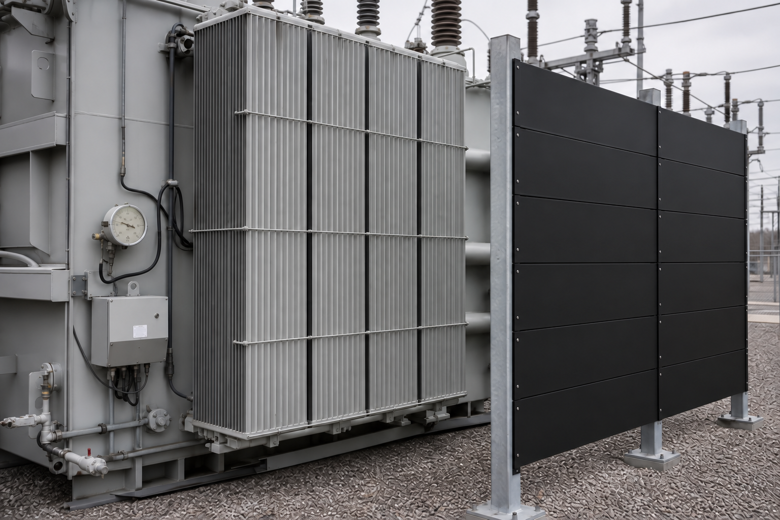 Ballistic barrier positioned beside transformer equipment