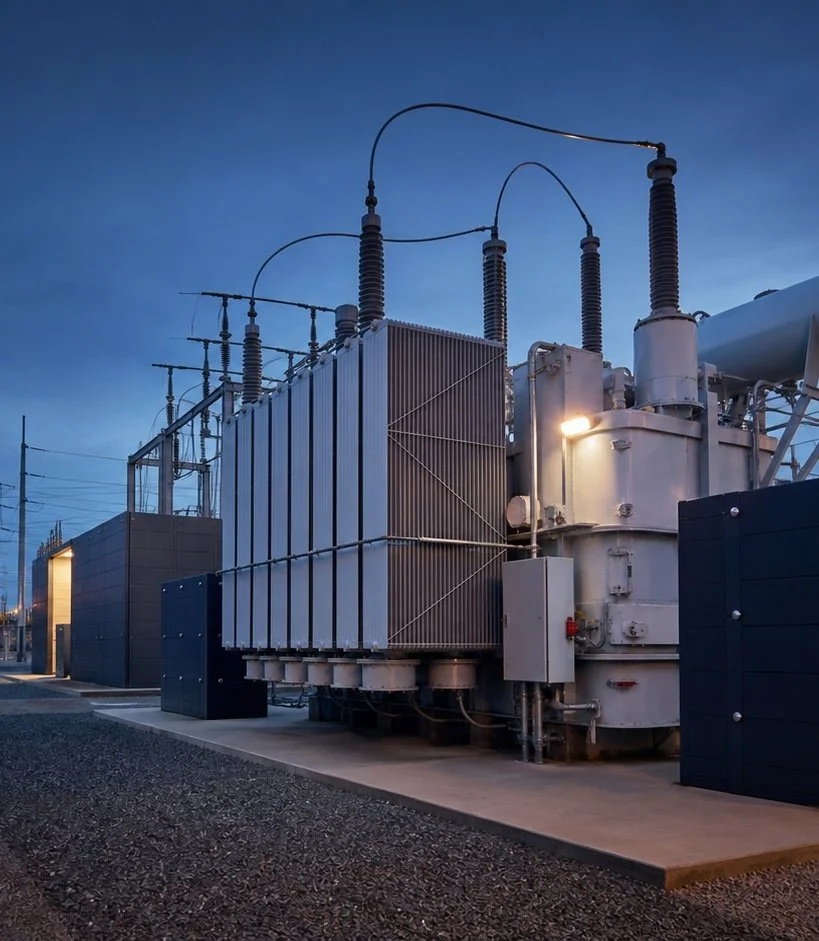 Protected electrical transformer equipment at dusk