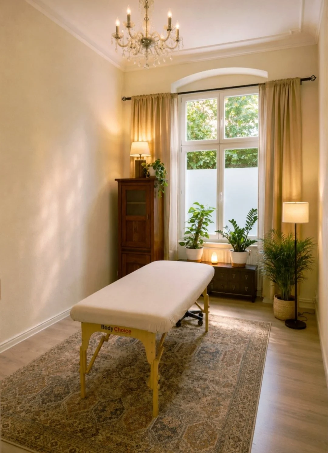 Room 3: calm room with arched window, plants and massage table