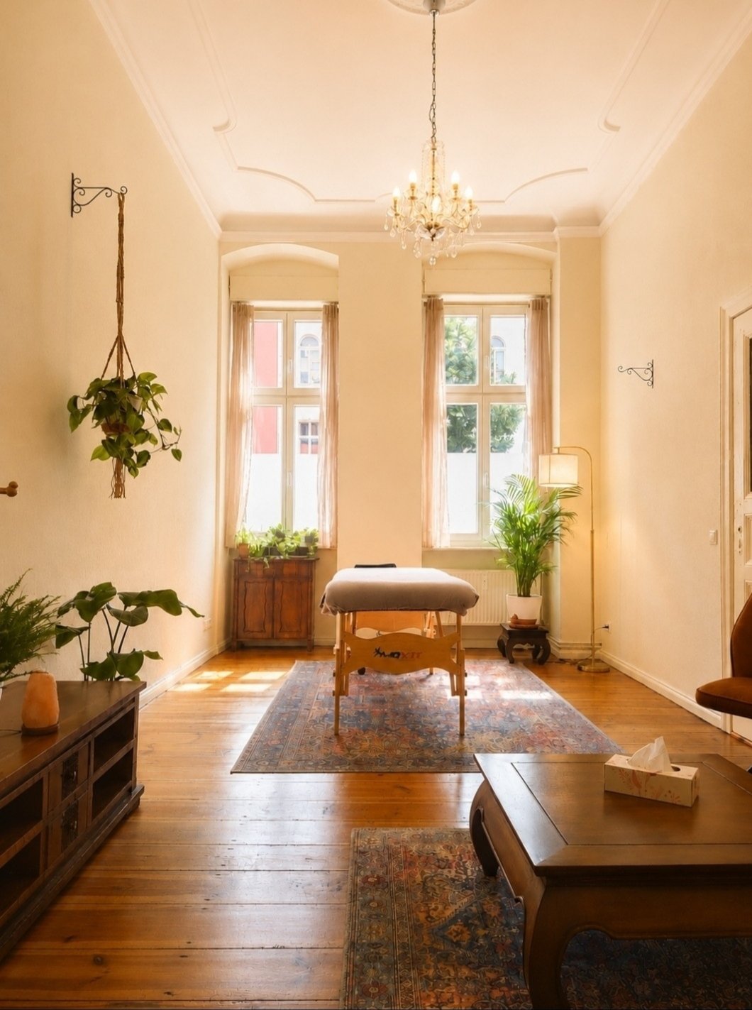Room 1: large treatment room with stucco ceiling, two tall windows and wooden floorboards